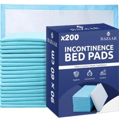 Image of 200 x Bazaar Disposable Incontinence Bed Pads 60 90cm Highly Absorbent Sheets Waterproof for Sofa, Mattress, Chair &amp; Babies, Children, Adults, Elderly.