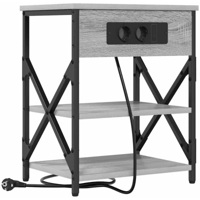 Image of vidaXL Bedside Cabinet with Charging Station Shelf Storage Grey sonoma
