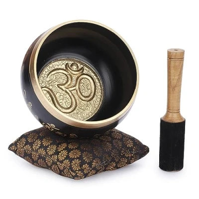 Image of Ajuny Tibetan Singing Bowl Set Handcrafted Meditation Brass Sound with Stick and Cushion for Yoga, Chakra Healing, Mindfulness Stress Relief Spiritual Gifts Gold Black
