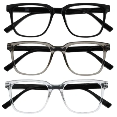 Image of OPULIZE LEO Reading Glasses 3 Pack Large Rectangular Frame Black, Grey, Clear Mens Womens Spring Hinges RRR55 17C +1.50
