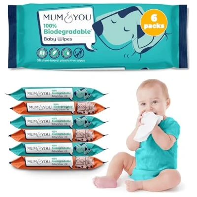 Image of Mum &amp; You baby wipes Multipack 336 Biodegradable wet (6 Packs) 99.4% Water for Sensitive Newborn Skin Bulk, Bum Wipes, Tissue, Eco Friendly