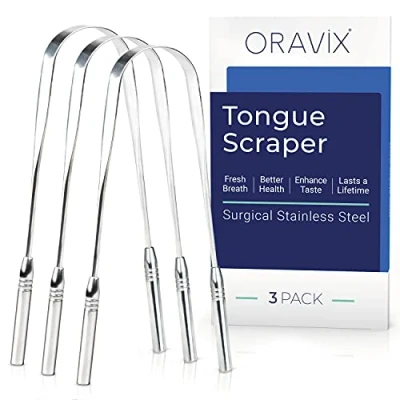 Image of Tongue Scraper Stainless Steel Three pack Cleaner for a Fresh Breath and Better Oral Health Kids Adults ORAVIX