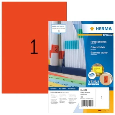 Image of HERMA Self Adhesive Coloured Labels, 1 Label per A4 Sheet, 100 Sheets, 210 x 297 mm, Blank Colour Labels Stickers, Sticky for Laser &amp; Inkjet Printer, Red