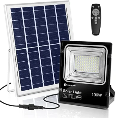 Image of Aigostar 100W Solar Floodlight, Outdoor Floodlight with Soloar Panel 13.78&quot;X11.42&quot;, IP66 Waterproof Super Bright Powered Shed Light, Dimmable Indoor Light Remote