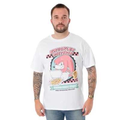 Image of SONIC THE HEDGEHOG Mens T Shirt Knuckles Pizzeria Short Sleeve Graphic Tee for Adults White Top Gamers Lightweight Fashion Crewneck Gaming Merchandise Gift Him