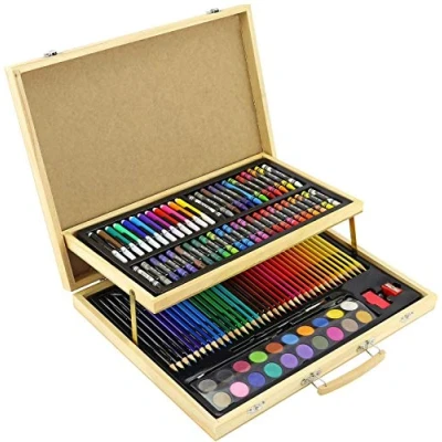 Image of Wooden Box Artist Set for Childrens Kids &amp; Adults Deluxe Art Oil Pencils Pens Markers Paints Crayons Perfect beginners or budding artists (108pc)