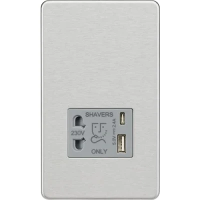 Image of KnightsBridge Shaver socket with dual USB A+C (5V DC 2.4A shared) brushed chrome grey insert