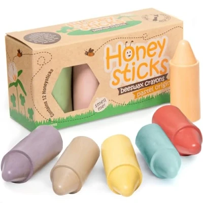 Image of Honeysticks 100% Pure Beeswax Crayons (12 Pack) Pastel Coloured, Non Toxic Crayons, Safe For Babies and Toddlers, 1 Year Plus, Made with Natural Food Grade Colours, Eco Friendly