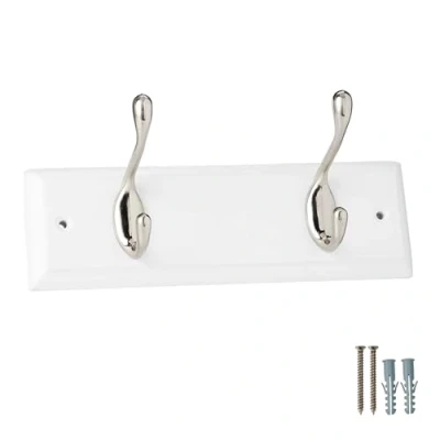 Image of keypak 2 Hook Door Wall Mounted Coat Rack, 22.5cm White Wooden Board, Satin Nickel Hooks Fixings Included