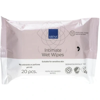 Image of Abena Biodegradable Intimate Wipes Pack of 20 Body for Women and Men Compostable Antibacterial Fragrance Free Dermatologically Tested