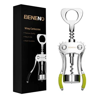 Image of Wine Bottle Openers, BENENO Zinc Alloy Premium Wing Corkscrew Opener with Multifunctional Corks and Caps Opener, Green