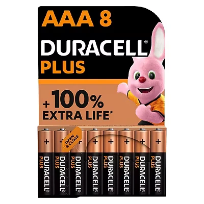 Image of Duracell Plus AAA Batteries (8 Pack) Alkaline 1.5V Up To 100% Extra Life Reliability For Everyday Devices 0% Plastic Packaging 10 Year Storage LR03 MN2400