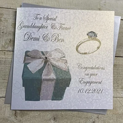 Image of WHITE COTTON CARDS PERSONALISED ENGAGEMENT CARD. ANY RELATION. GRANDDAUGHTER &amp; FIANCÉ. TURQUOISE BOX RING DESIGN. Handmade (P22 35 GD XP22 GD)