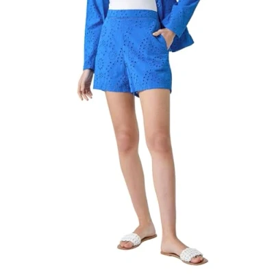 Image of Roman Cotton Broderie Shorts for Women UK Ladies Spring Everyday Summer Holiday Turn Up Comfy Side Pockets Soft Woven Fabric Daywear Vacation Bottoms Blue Size 18