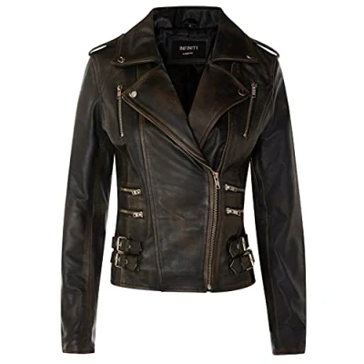 Image of Ladies Retro Matt Black 100% Nappa Leather Biker Jacket 5XL