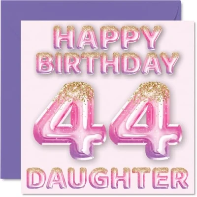 Image of 44th Birthday Card for Daughter Pink &amp; Purple Glitter Balloons Happy Cards 44 Year Old from Mum Dad Parents, 145mm x Bday Greeting Gift