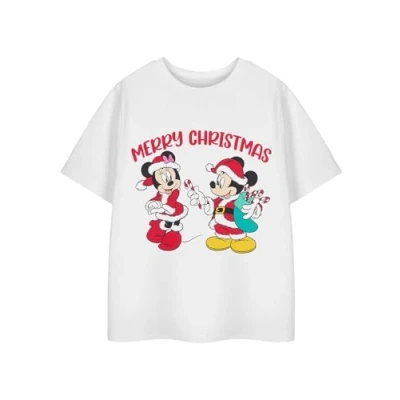 Image of Disney Girls White Short Sleeved T Shirt Mickey &amp; Minnie Merry Christmas Graphic Tee Crew Neck Cartoon Apparel Festive Holiday Top for Toddlers Licensed Clothing