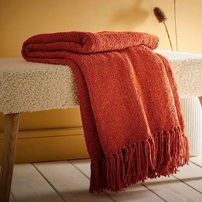 Image of Appletree Orange Throw/Blanket (130 x 180cm) Terracotta Chenille Throw Textured Linen in Salmon Peach Blanket Woven Knit With Tassels for Living Room &amp; Bedroom