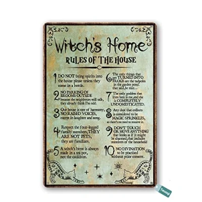 Image of Vintage Tin Sign Funny Witch&#039;s Home Rules Quote Metal Wall Art Kitchen Poster Cafe Pub Plaque 8x12 Inch