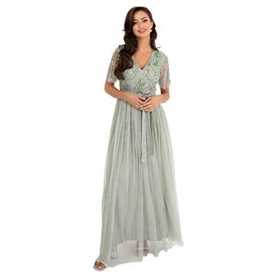 Image of Maya Deluxe Womens Maxi Ladies Ball Gown for Wedding Guest Embellished Tie Waist V Neck Bridesmaid Prom Evening Occasion Dress, Green Lily, 16 UK