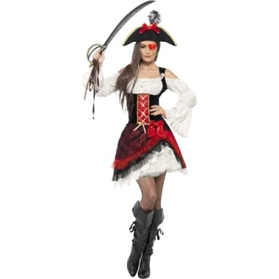 Image of Smiffys Glamorous Lady Pirate Costume, Red with Dress and Hat, Fancy Dress, Up Costumes