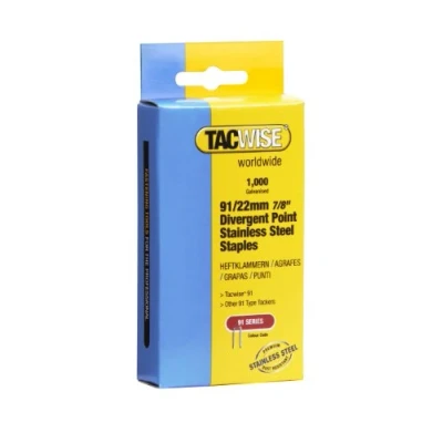Image of Tacwise 1070 Type 91 / 22 mm Stainless Steel Narrow Crown Staples, Divergent Point, Pack of 1,000