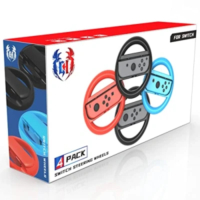 Image of 4 Pack Switch Steering Wheel Compatible with Mario Kart 8 Deluxe, GH Racing Accessories Nintendo Switch/Switch OLED Joy Con Controller (Black x2, Red and Blue)