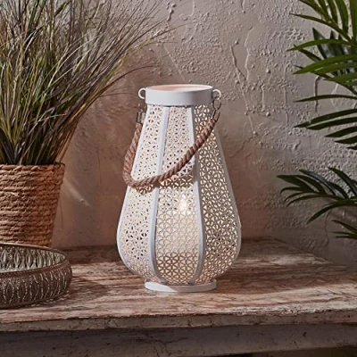 Image of Lights4fun White Moroccan Hanging Lantern with TruGlow® Candle Battery Operated Rope Handle 29cm