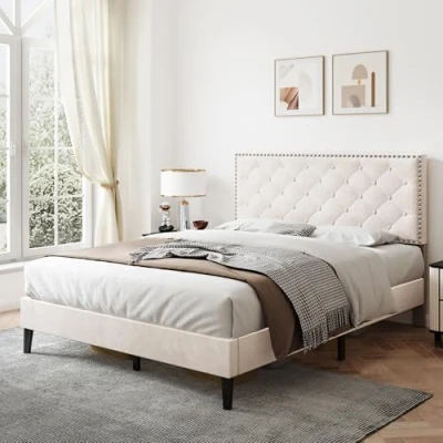 Image of ModernLuxe Upholstered Double Bed, 4FT6 Bed Frame with Adjustable Button Tufted &amp; Riveted Headboard, Solid Wooden Slatted Frame, Mute Foam, Easy Assembly, No Mattress, Velvet Beige, 135x190cm