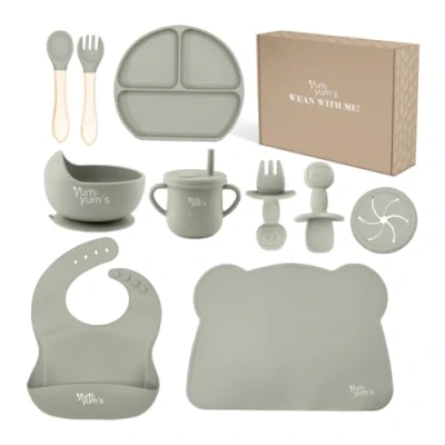 Image of Yum Yum&#039;s Baby Weaning Set Includes Toddler Water Bottle, Cups, Bowls, Spoon, Fork, Plate &amp; More Feeding Gifts Present 10 Pieces (Grey)