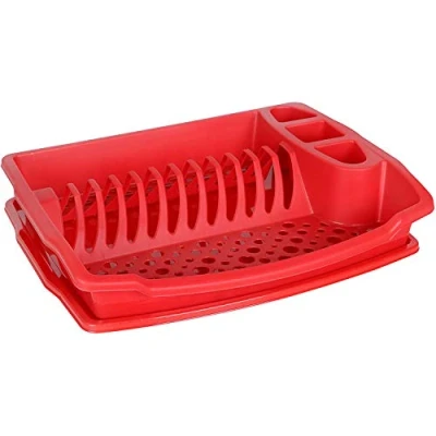 Image of Plastic Cutlery Drainer Kitchen Sink Dish Rack Washing Up Holder Plate Cup Glass (Red)