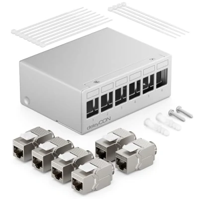 Image of deleyCON 6 Port Patch Panel Set Field Distribution 1HE + 4x RJ45 Keystone Jack Modules STP CAT6a Compatible with CAT5 CAT6 CAT7 Installation Cable Network Ethernet LAN DSL Grey