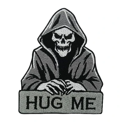 Image of Iron on Patch Hug Me Reaper Skull Patches, Biker Embroidery Patch, Motorcycle ironable Funny Skeleton Badges Finally Home