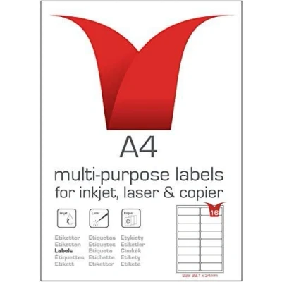 Image of Multi Purpose A4 White Self Adhesive Labels Die Cut 99.1 x 34mm 16 per Sheet 100 Sheets box/1600 Pack