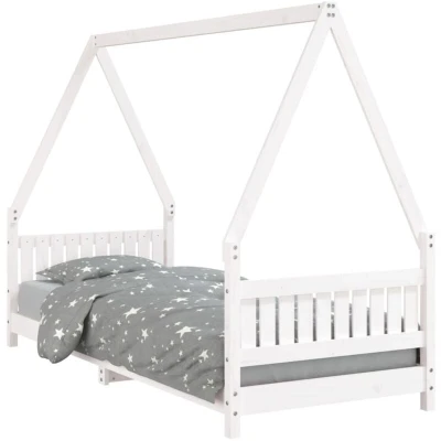 Image of vidaXL Kids Bed Frame Solid Pine Wood, House Style Design, Low ground Structure, White, 80 x 200 cm Mattress Size Compatible