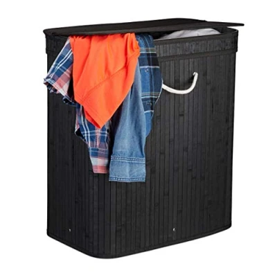 Image of Relaxdays Lidded Laundry Hamper, 2 Compartments, Partitioned Bag, Ventilated, 72 litres, Bamboo Basket, Black, 62 x 55 35 cm