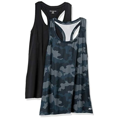 Image of Amazon Essentials Women&#039;s Tech Stretch Racerback Tank Top (Available in Plus Size), Pack of 2, Black/Grey Camo, M