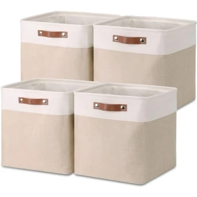 Image of Mangata Collapsible Storage Cube Boxes, Linen Woven Fabric Baskets, Closet Organizer with Leather Handles (Light Khaki and White)