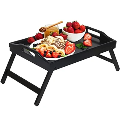 Image of Artmeer Bed Tray Folding Legs with Handles Breakfast Food Table for Sofa Eating,Drawing,Platters Bamboo Serving Lap Desk Snack Tray, Black medium, M
