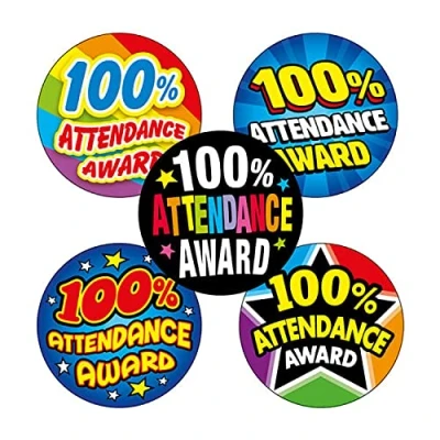 Image of 560 Mixed 100% Attendance Award Motivational Childrens Pupils School Teachers Praise Reward Stickers 25mm Brainwaves Primary Teaching Services
