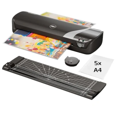Image of GBC Inspire+/Rexel 4 in 1 A4 Laminator Machine Set with Paper Cutter, Corner Rounder, 5 Laminating Pouches A4, Quick Min Warm Up time, Cold Lamination Setting, Ideal for Home/School, Black (4410035)