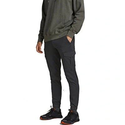 Image of JACK &amp; JONES Men&#039;s Cargo Jogger Sweatpants Cuffed Track Bottom Slim fit Jeans for Men, Black 28W / 32L
