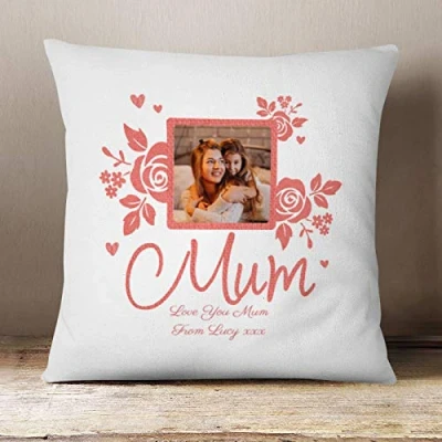 Image of Thoughtful Gifts Personalised, Personalised One Photo Cushion Gift With Optional Text (White) for Mum Present