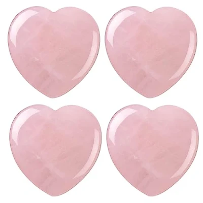 Image of WideSmart 4 Pcs Heart Shaped Pink Stone,Rose Quartz Crystal Worry Stones Rose Carved Healing Stone Reiki Balancing Decoration Gemstone Decor Gift Souvenir