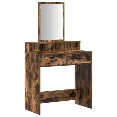 Image of vidaXL Smoked Oak Vanity Table/Dressing Table with Mirror Rectangular Makeup Storage Solid Wood