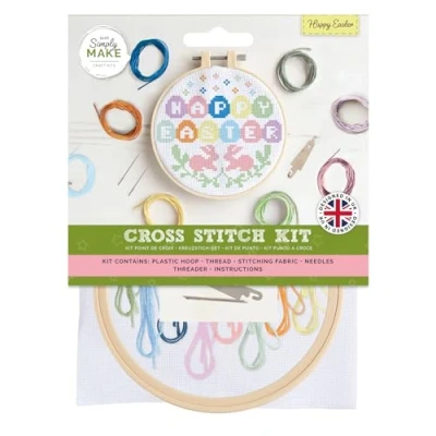 Image of Simply Make Cross Stitch Kit, Happy Easter, Multicoloured, Single Craft Kits for Adults, Sewing Kit and Embroidery Home Crafts, Threads Included