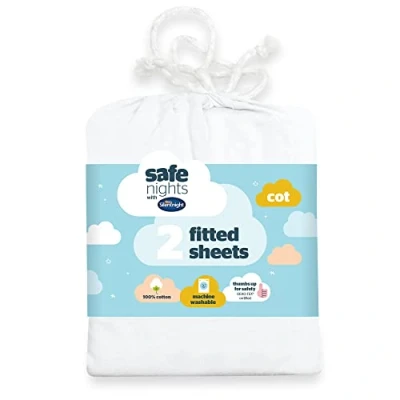Image of Silentnight Safe Nights Cot Size Fitted Sheets Set 100% Jersey Cotton Bedside Compatible Pack of Two White Easy Care Super Soft Cuddly for Baby with Storage Bag (120 x 60 12 cm)
