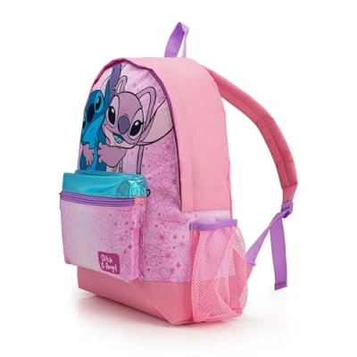 Image of Disney Lilo &amp; Stitch Girls Backpack Pink School Rucksack for Aged 512 Metallic Front Pocket Water Bottle Holder Lightweight Bag