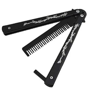 Image of Funtuan Dragon Totem Stainless Steel Practice Butterfly Knife Trainer and Comb (Black) 1