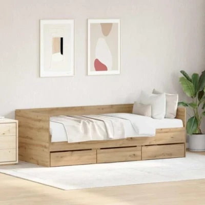Image of vidaXL Stylish Day Bed with Drawer Elegant Artisan Oak Finish Solid Ideal for Adults Bedroom Modern Furniture Guests Indoor Single